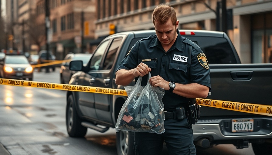 Police officer holds evidence bag near pickup truck in Detroit crime report scene.