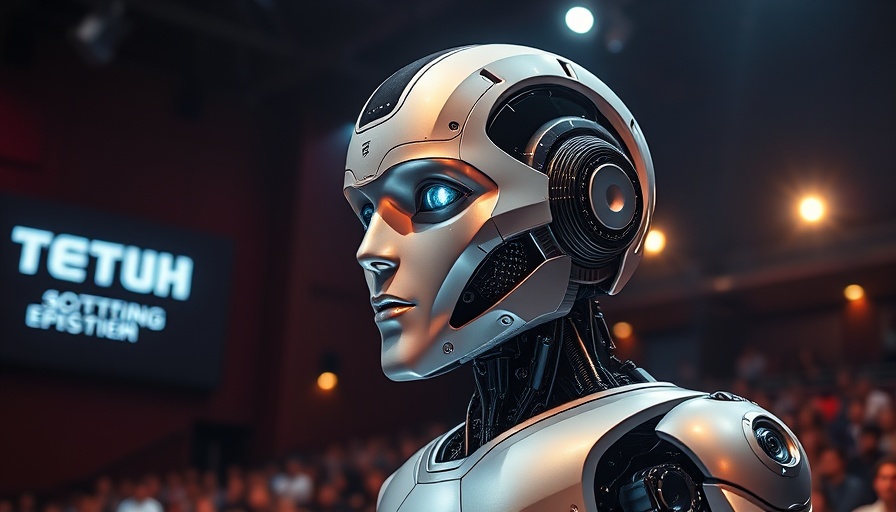 Futuristic robot head presented at tech event, cinematic style.