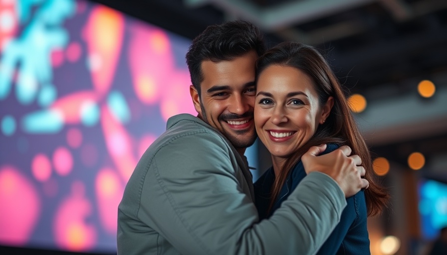 Confident couple embracing on large screen at event, Detroit local news.