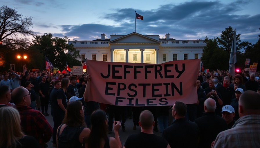 Protesters demand Epstein files release at White House, evening scene.