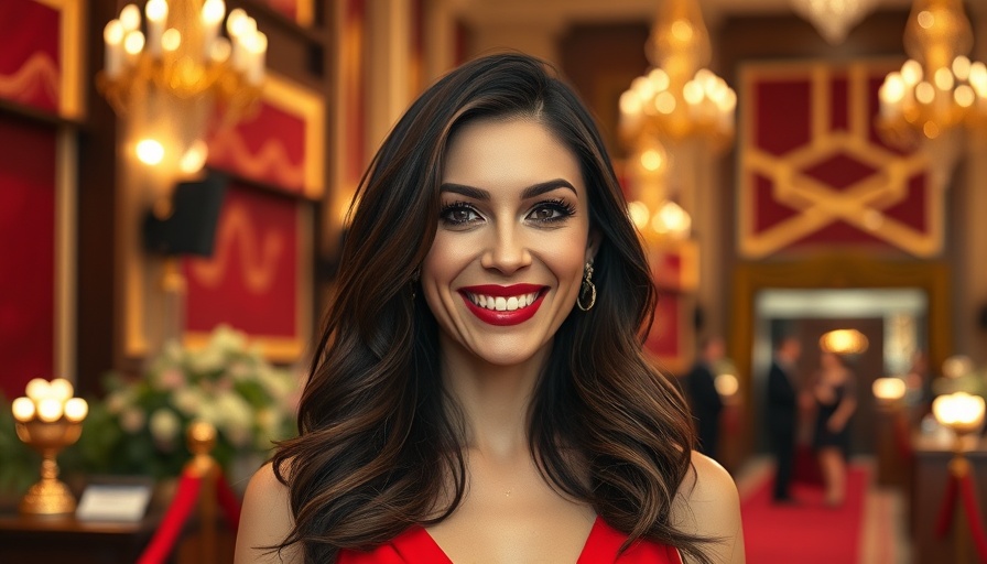 Stylish woman smiling at awards event, enhanced with vibrant colors.