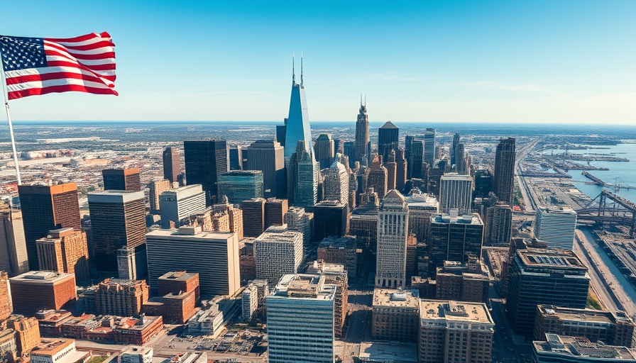 Detroit local news aerial view of skyline and American flag.