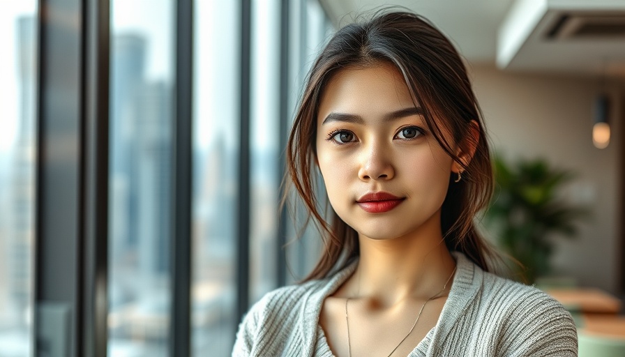 Candid young woman posing indoors with a cityscape view.