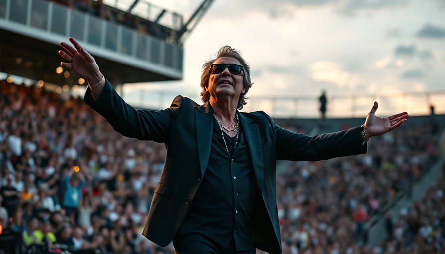 Ozzy Osbourne on stage, arms open, delivering message.