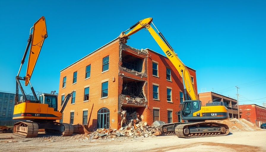 Mammoth Building demolition in Detroit with excavator in action.