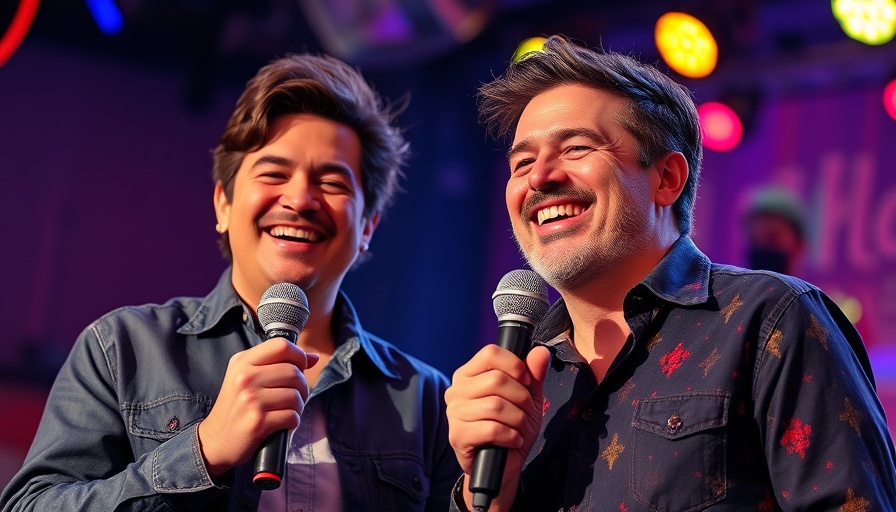 Smiling duo on stage with microphone, lively event backdrop.
