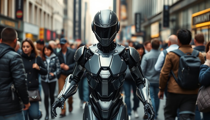 Artificial super intelligence impact with humanoid robot in city.