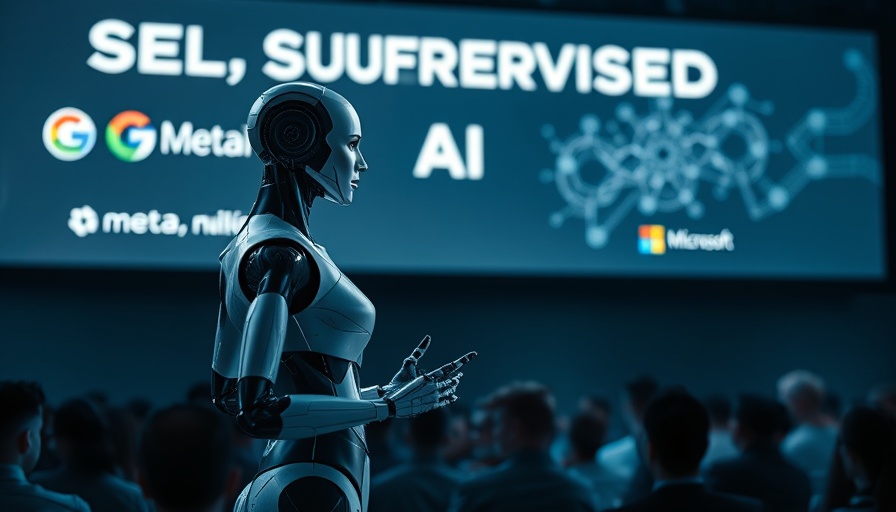 Futuristic AI conference with a female robot and self-supervised AI display.
