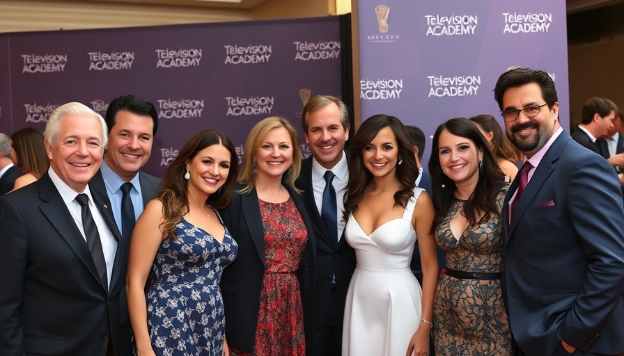 Group smiling at red carpet event, Television Academy backdrop.