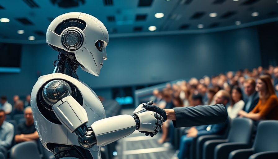 Futuristic robot and business leader handshake at tech event.