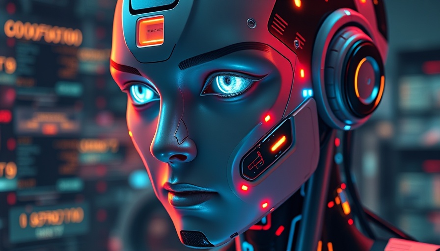 Futuristic AI coding agent with glowing circuitry and digital background