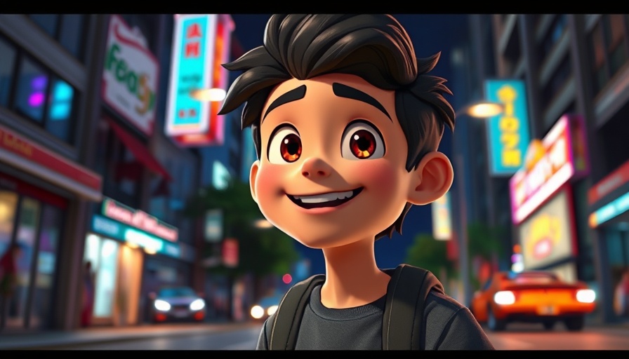 Cinematic cartoon of smiling animated character in urban night setting.