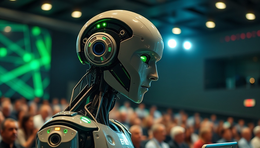 Futuristic robot presenting Google MAD algorithm at tech conference.