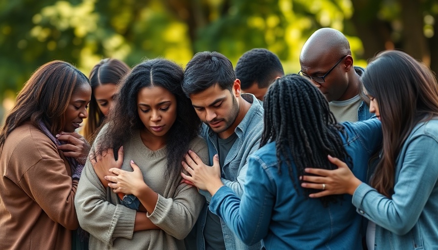 Minnesota community members consoling each other outdoors after mass shooting.