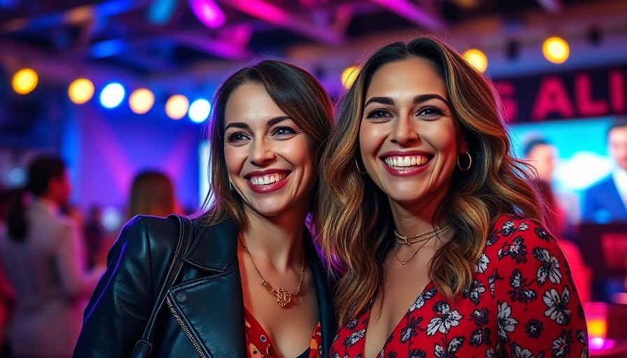 Stylish women smiling warmly at a vibrant event, highlighting engagement.