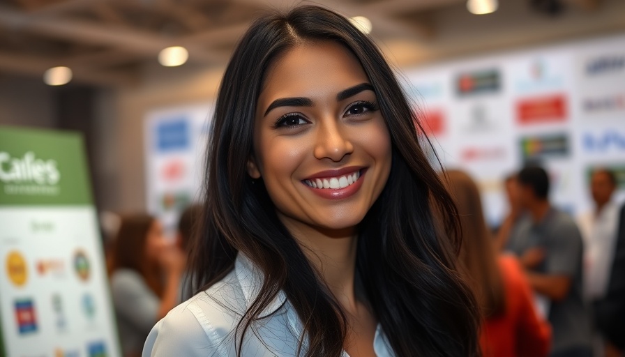 Smiling woman at event with logo backdrop, soft lighting.