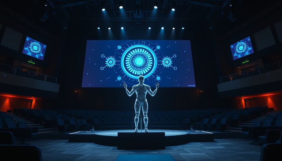 Futuristic AI conference in Michigan with vibrant humanoid display.