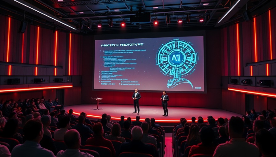 Futuristic AI presentation on stage with vibrant neon lighting, showcasing AI privacy innovations.