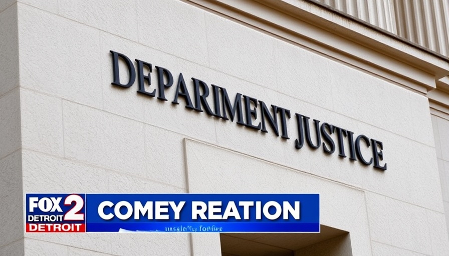 Comey indictment news: Department of Justice wall with 'COMEY REACTION' banner.