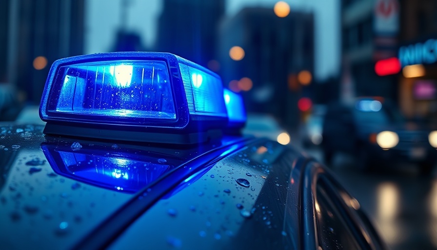 Detroit local news: Close-up of blue police car siren with text overlay.