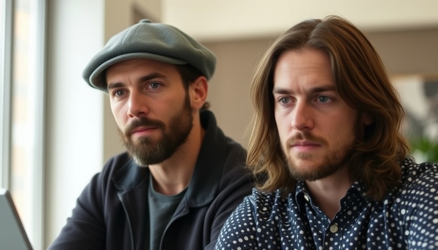 Side-by-side image featuring a man in a grey beret and another reviewing something.