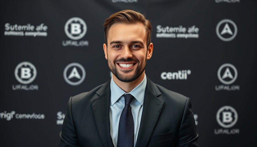 Smiling man in suit at event with NFL logo in background.