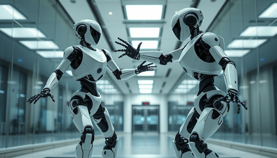 Metro Detroit robotics: humanoid robots in dynamic action inside a sleek office.