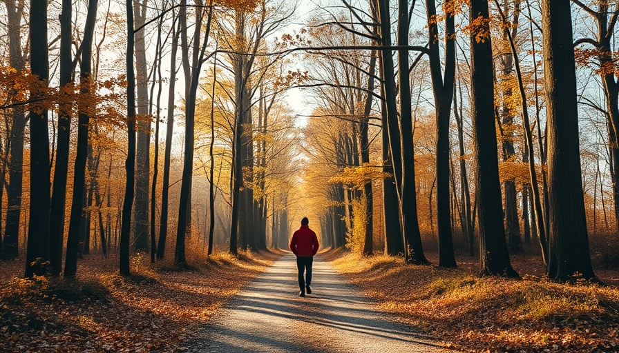 Walking through a peaceful autumn forest, perfect for wellness travel tips for busy professionals.