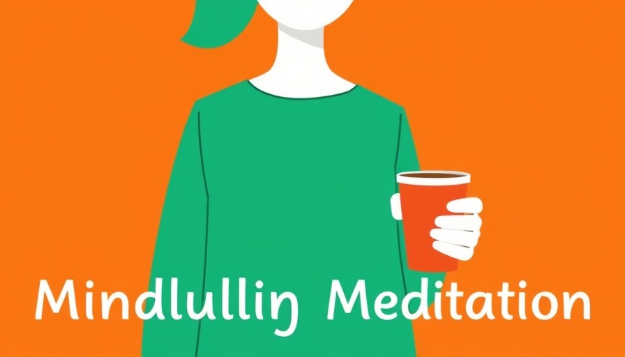 Graphic of mindful walking meditation with coffee cup.