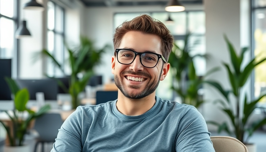 Smiling man in office discussing how to mindfully manage workplace distractions.