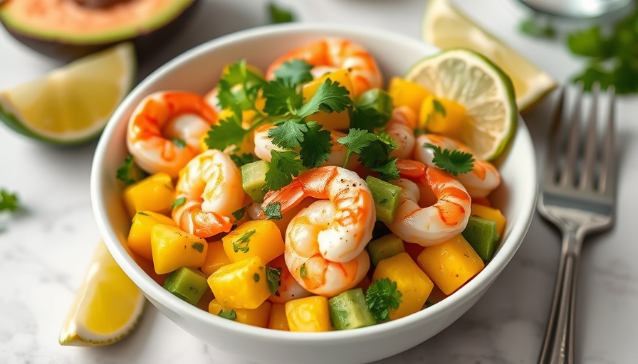 Colorful mango avocado shrimp salad in a white bowl.