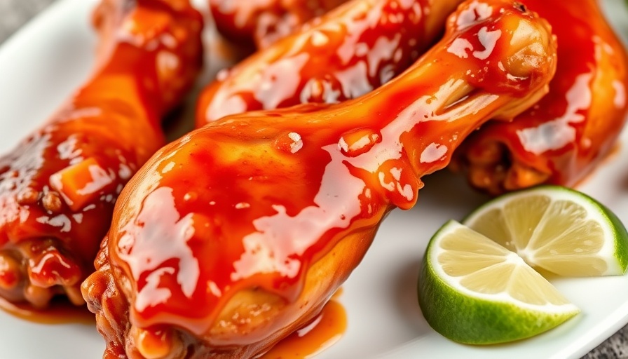 Spicy hot honey chicken drumsticks with lime garnish.
