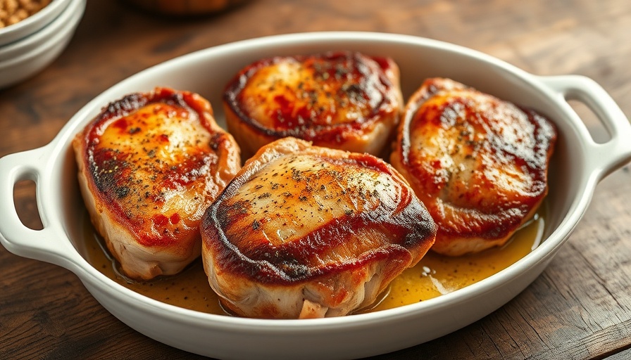 Easy baked pork chops recipe with juicy browned pork chops in a baking dish.