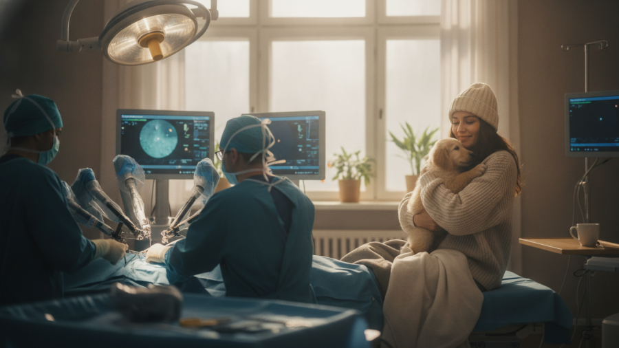 Smiling woman in cozy setting with robotic-assisted surgery system for breast cancer treatment.