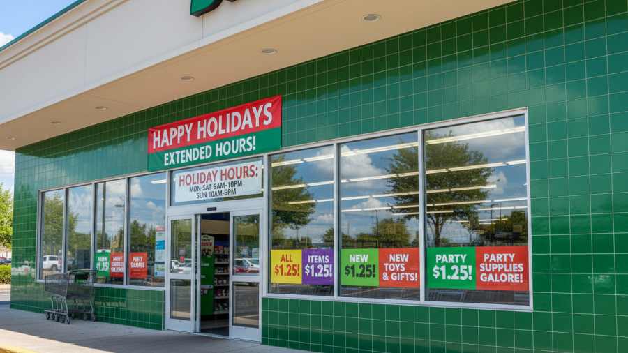 Vibrant Dollar Tree entrance showcasing holiday hours, appealing to wealthy shoppers in Kansas City.