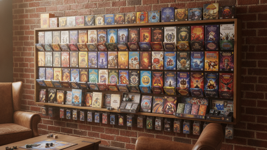 Explore board games in Kansas City at Level One Game Shop's vibrant card game display.
