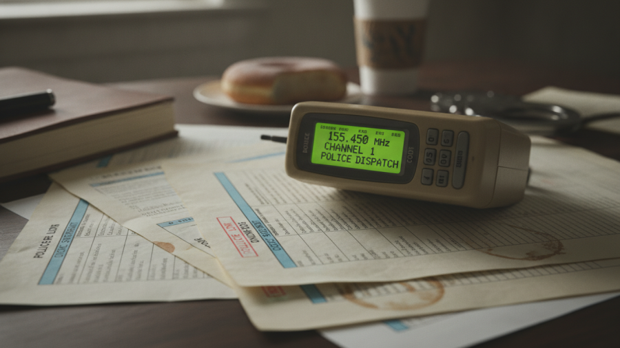 Vintage police scanner on paperwork, highlighting police transparency and community relations.