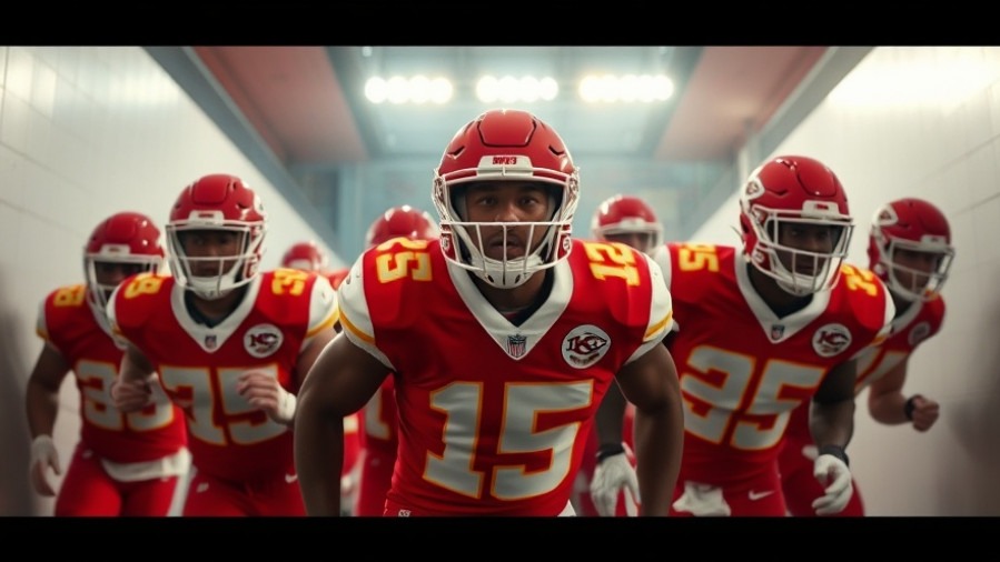 Energetic Chiefs players in vivid red and white uniforms enter stadium tunnel, capturing Kansas City urban lifestyle.