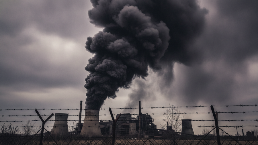 Photorealistic image of black smoke in an industrial area, echoing tension in today's trump news conference.