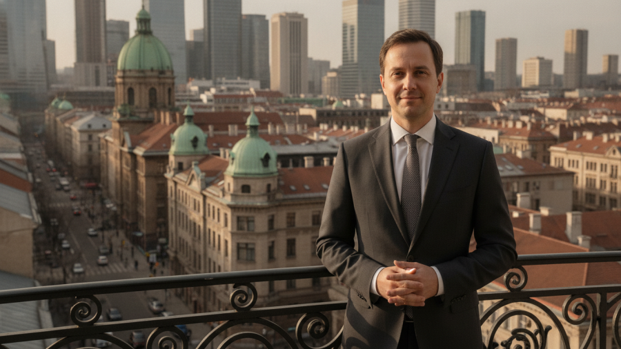Confident man in a suit on a balcony, exploring local history in Kansas City's vibrant skyline.