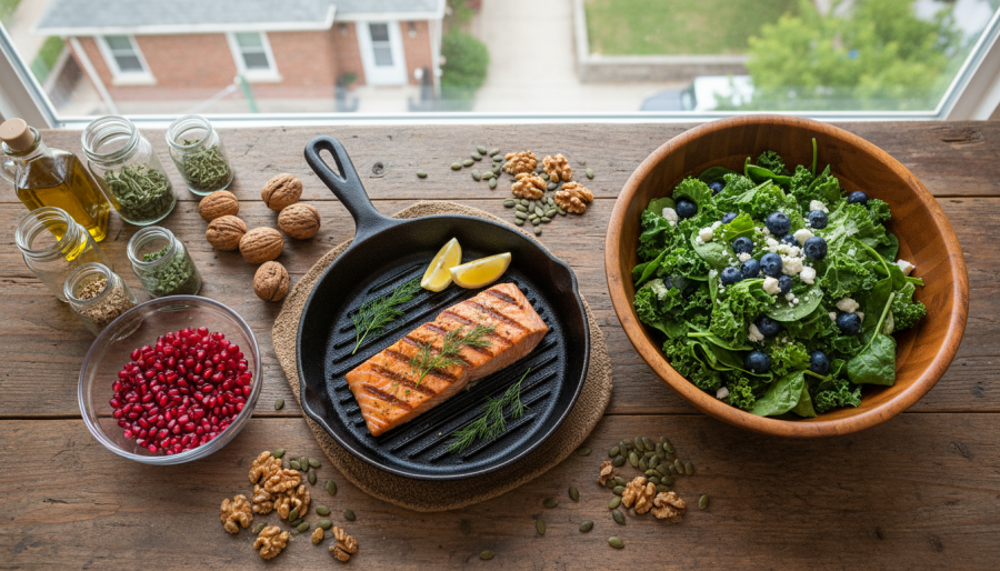 Heart-healthy meal prep in Kansas City with grilled salmon and vibrant salad.