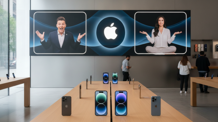 Sleek iPhones in Apple store; Tim Cook highlights market dynamics in AI.