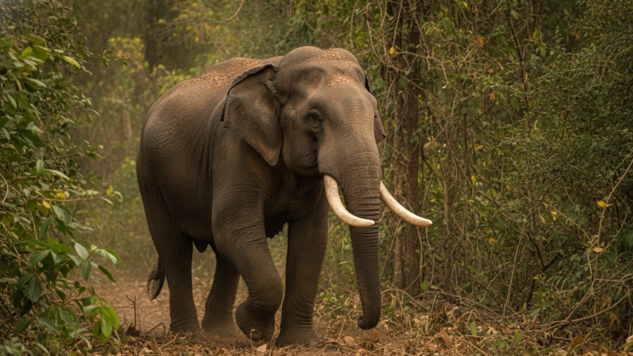 Dhurbe elephant in dense forest, showcasing wildlife management amidst human-animal conflict.