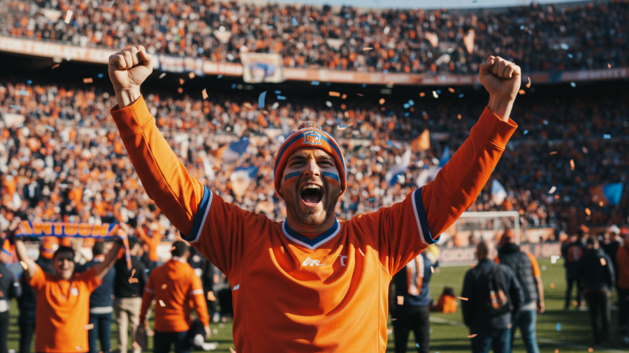 Excited football fan in orange cheers at World Cup Kansas City, vibrant stadium backdrop.