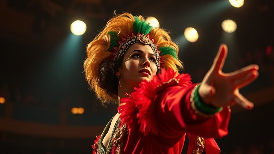 Dynamic performer in vibrant costume at NYC premiere, a dark comedy musical.