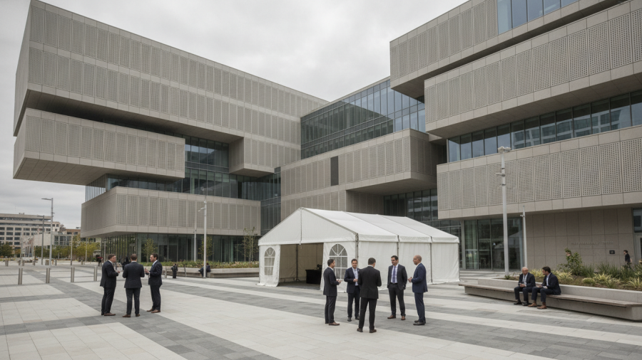 Modern government building and community discussing inmate health care reforms.
