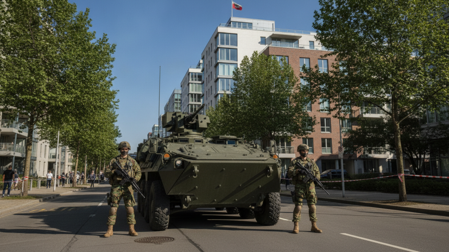 Military presence amid Kansas City gun crisis, enforcing safety with armored vehicle.