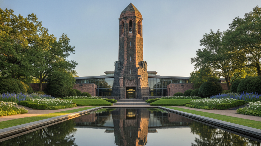 Kansas City history reflected in a majestic stone tower at the museum entrance.