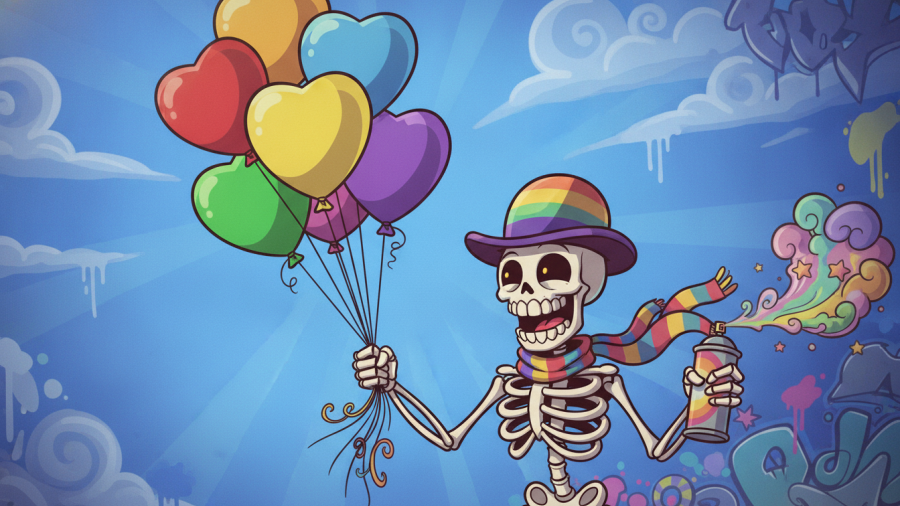 Whimsical cartoon skeleton holding heart balloons in vibrant mural, spotlighting KC local artists.