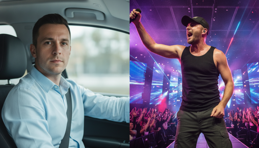 Dynamic split-screen of a man performing on stage and sitting in a car, emphasizing Kansas City events.